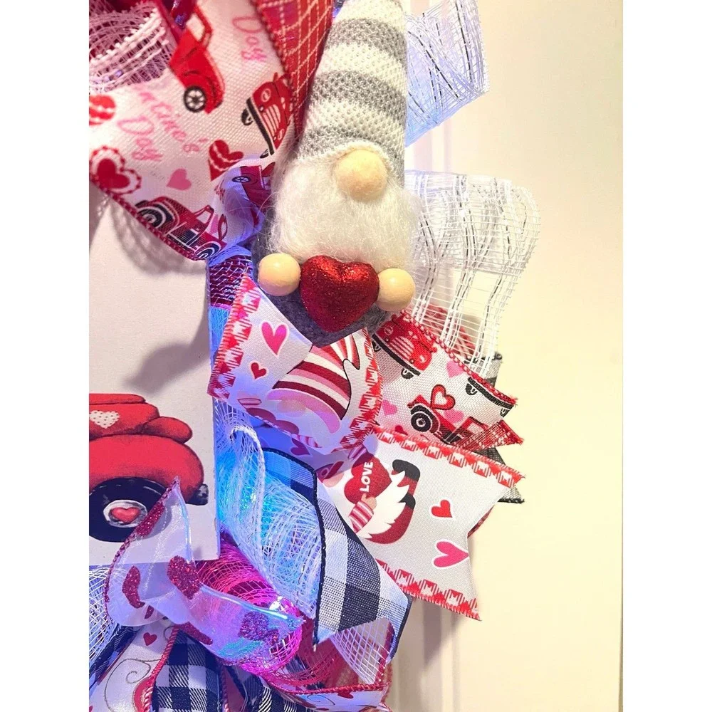 Handmade Valentine’s Gnome LOVE Truck Ribbon Prelit Wreath 22 ins LED W14